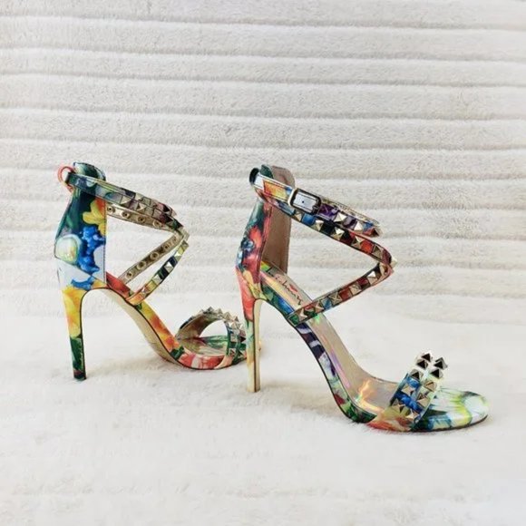 Sexy Riot Colorful Patent Gold Stud Cross Strap Sandal Shoe 4.5" Stiletto Heels - Picture 4 of 9